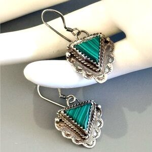 Native American D.B. Malachite Heart Sterling Silver Hook  Earrings Signed